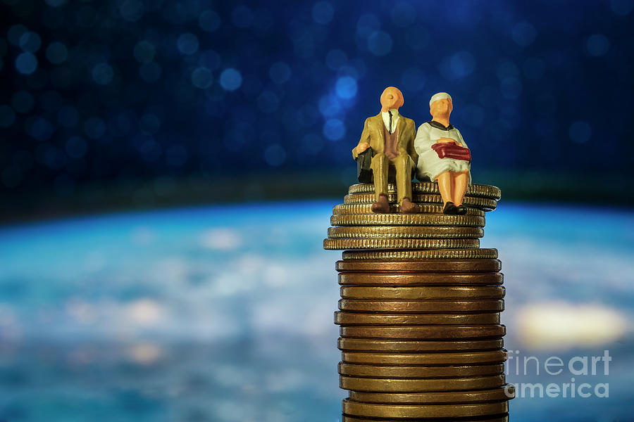 older couple miniature seating on money coins saving for investment concept mutual fund financing and retirement Macro #1 Photograph by Pablo Avanzini