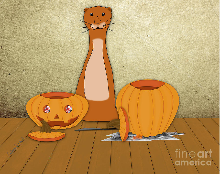 Oliver The Otter Carves a Pumpkin #1 Digital Art by Colleen Cornelius