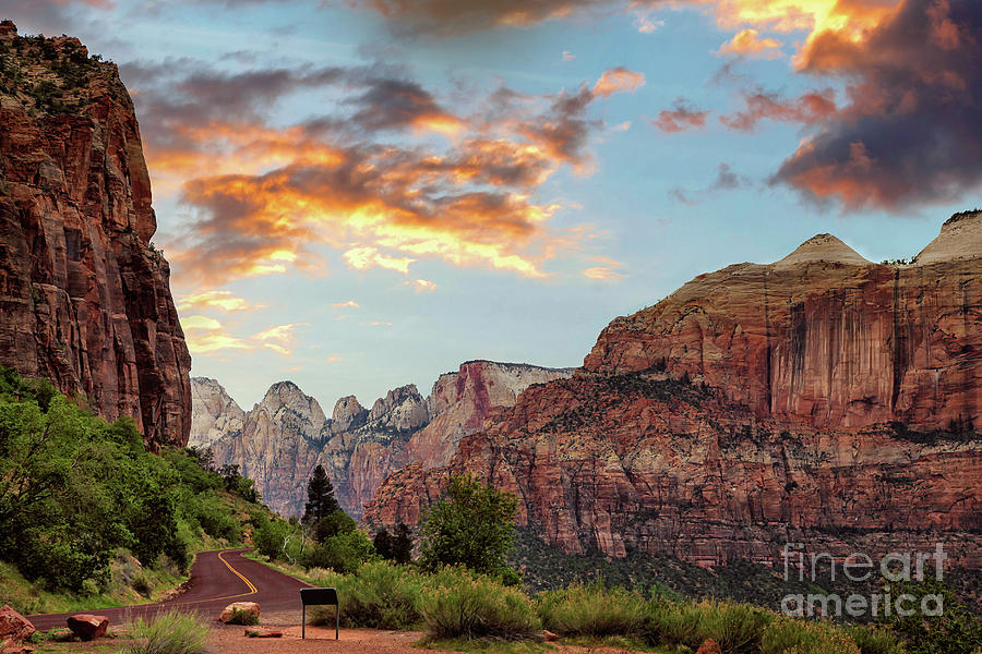 On the road in Zion at sunset, Utah, USA #1 Photograph by Jane Rix