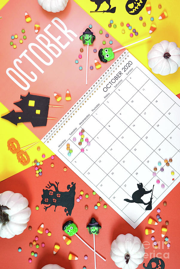 On-trend 2020 calendar page for the month of October modern flat lay. #1 Photograph by Milleflore Images