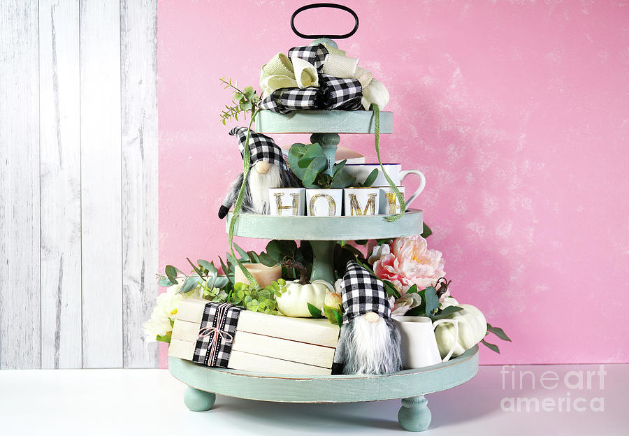 On-trend Farmhouse aesthetic three tiered tray decor. #1 Photograph by Milleflore Images