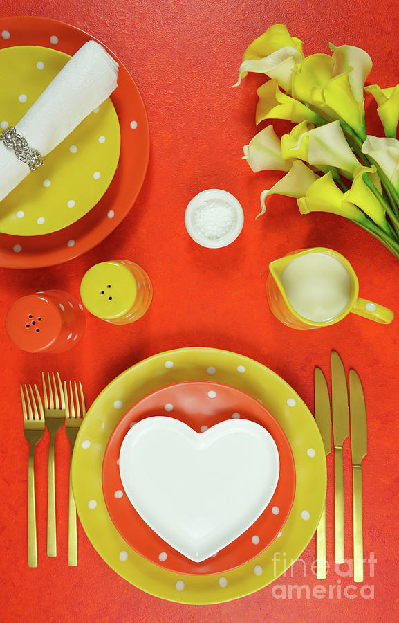 Orange and yellow aesthetic modern events table place setting top view flat lay. #1 Photograph by Milleflore Images