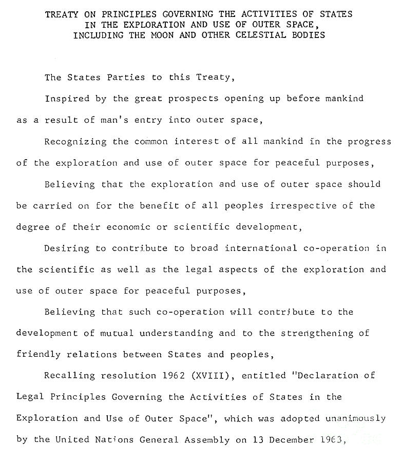 OUTER SPACE TREATY, 2nd PAGE, 1967 Drawing by Granger