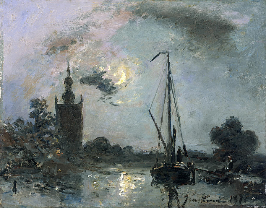 Overschie in the Moonlight #2 Painting by Johan Barthold Jongkind