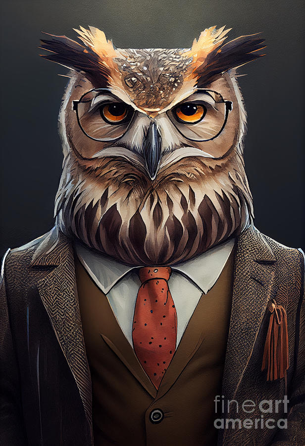 Owl Painting - Owl in Suit Watercolor Hipster Animal Retro Costume #1 by Jeff Creation