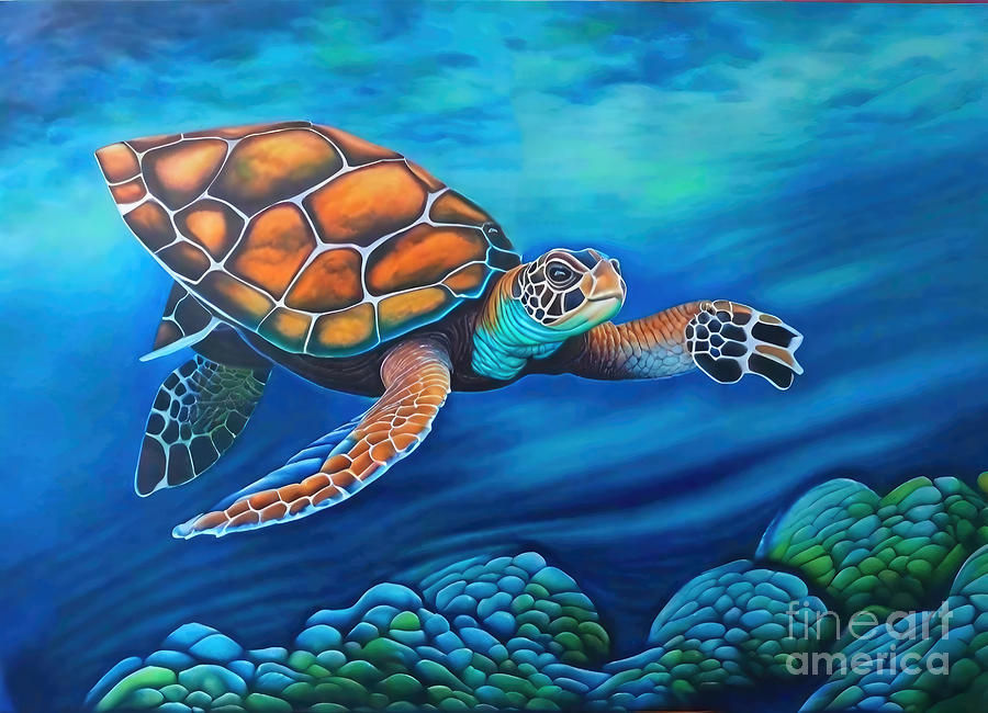 Nature Painting - Painting Blue Turtle sea blue animal nature art o #1 by N Akkash