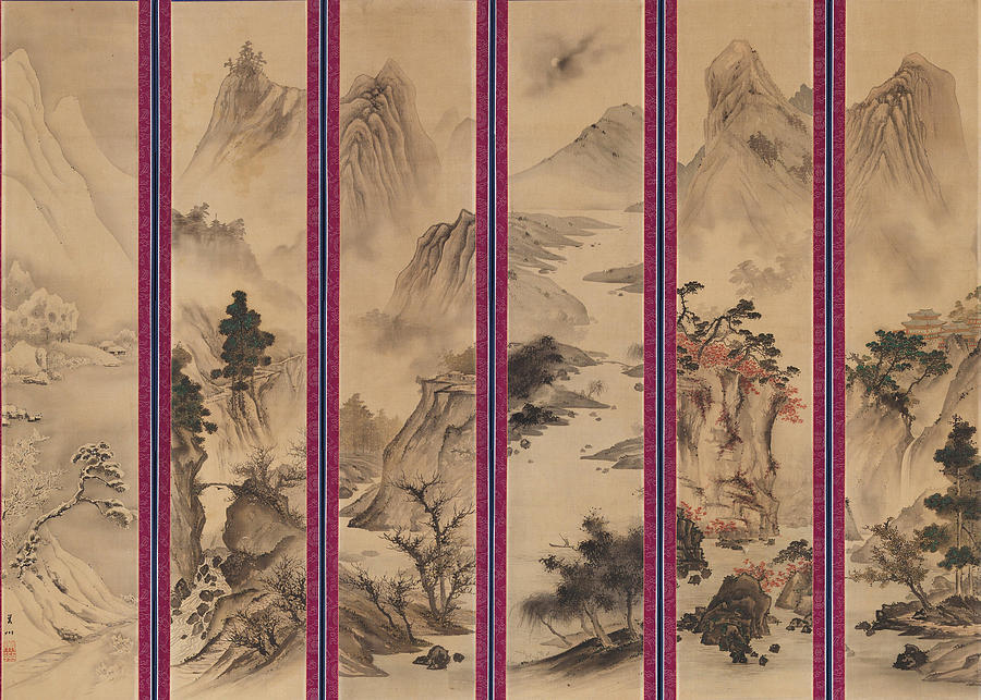 Painting of Four season Landscape on Six panel Folding Screen Painting ...