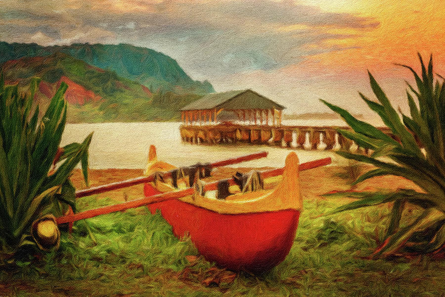 Painting of Hawaiian canoe by Hanalei Pier #1 Photograph by Steven Heap