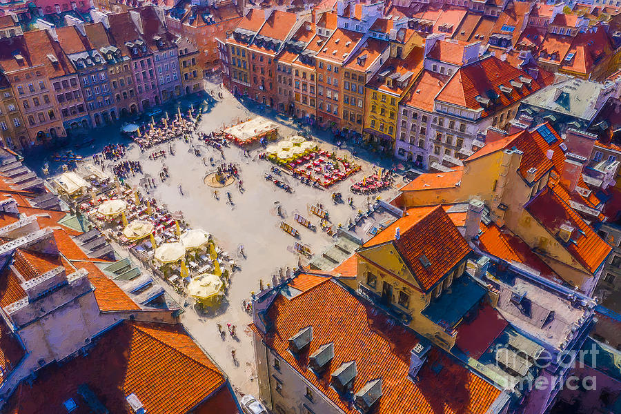 Painting of Old town market square with historic street during s ...