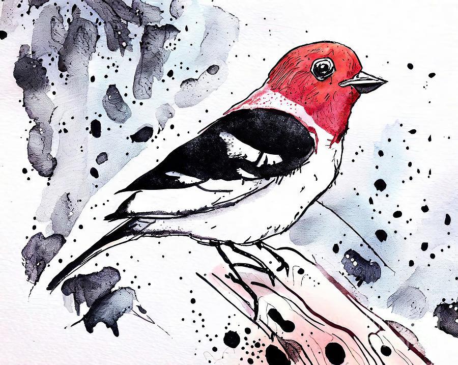 Nature Painting - Painting Red Headed Woodpecker Painting Bird Orig #1 by N Akkash