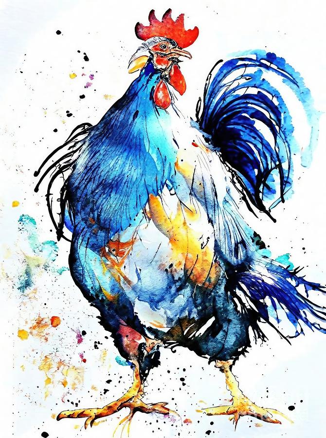 Rooster Painting - Painting Rooster Farmhouse Painting Bird Watercol #1 by N Akkash