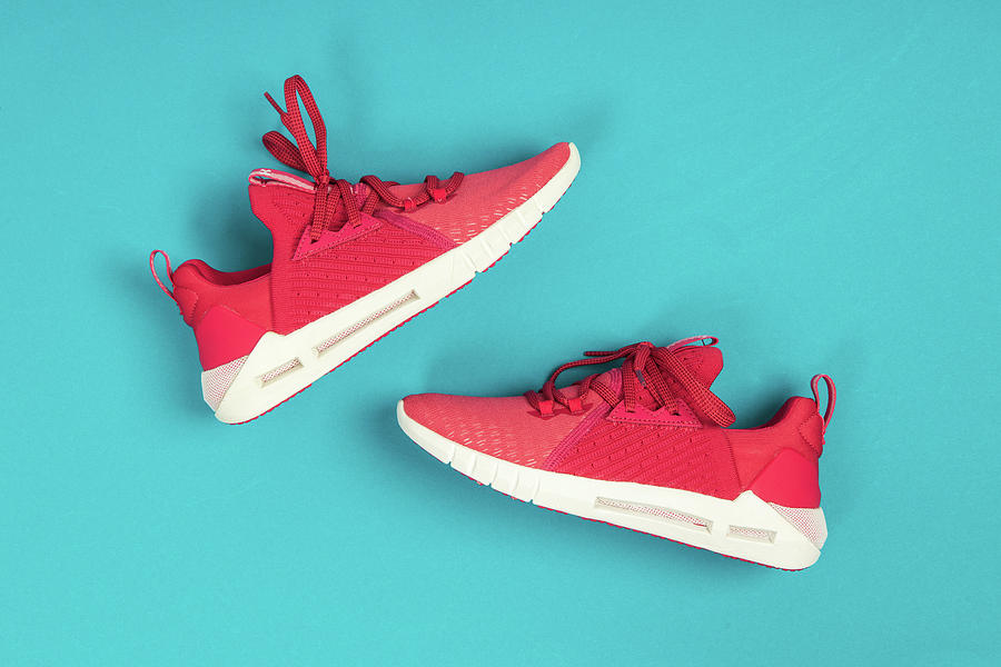 Pair Of New Pink Sneakers, Sport Shoes On Blue Background. Pink Womens Sport, Running Shoes Photograph