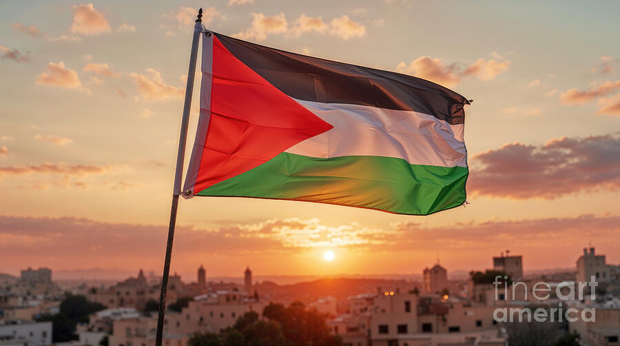 Palestinian flag waving on sunset sky over city #1 Digital Art by Benny Marty Palestinian flag waving on sunset sky over city #1 Digital Art by Benny Marty