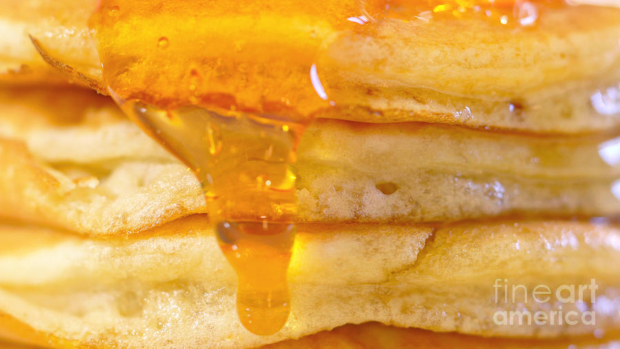 Tea Photograph - Pancakes drizzled with syrup, macro closeup. #1 by Milleflore Images