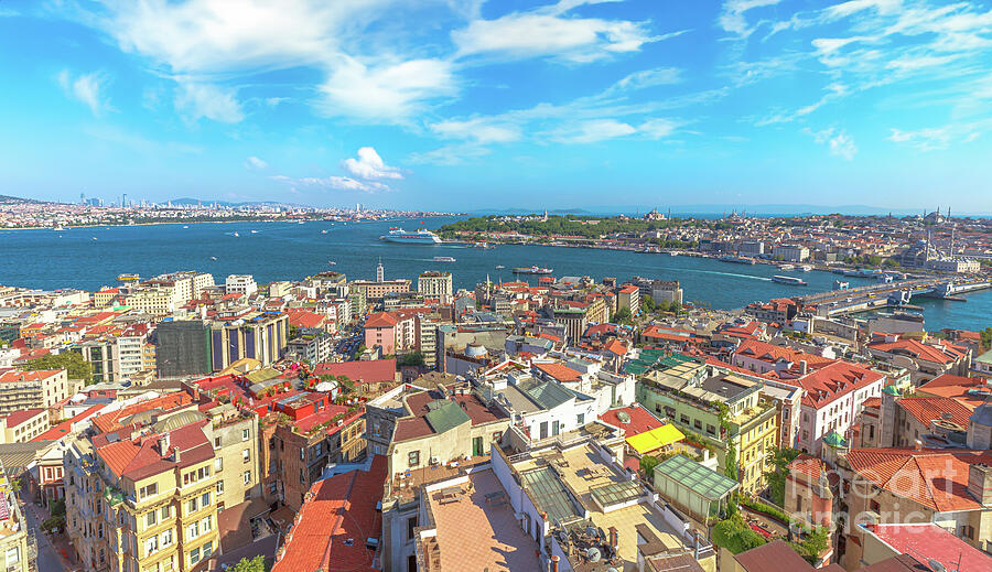 Panoramic view of istanbul skyline and bosphorus #1 Digital Art by Benny Marty