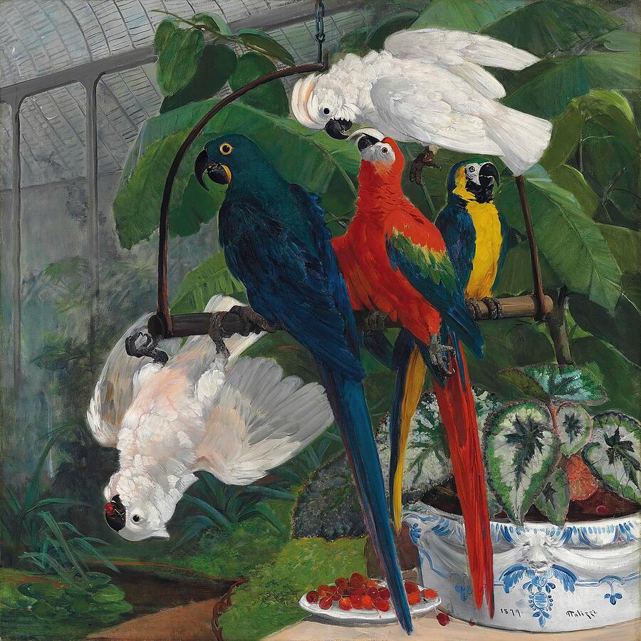 Cockatoo Painting - Parrots in a tropical glasshouse  #1 by Filippo Palizzi Italian