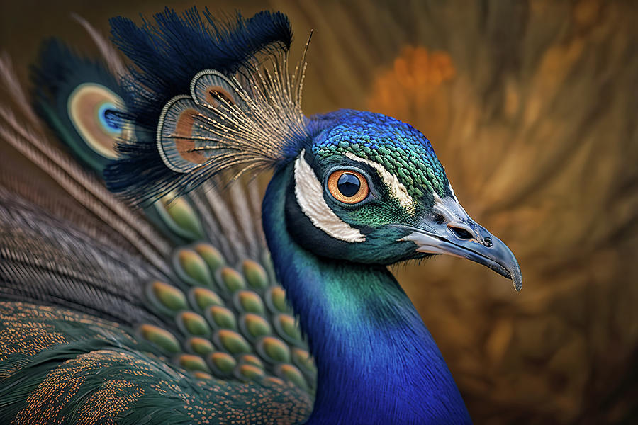 Peacock Closeup with Feathers Fanned Out in Background #1 Photograph by Jim Vallee