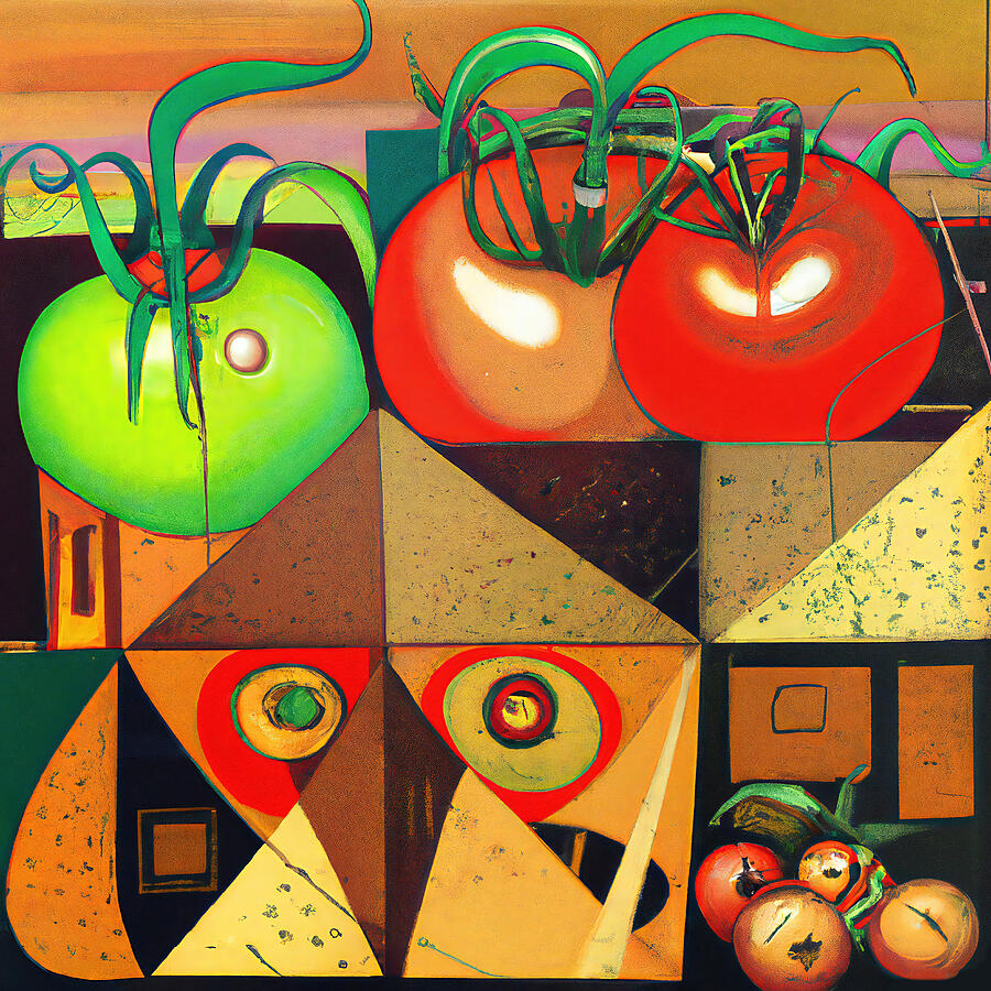Vegetable Painting - Perfect Red Fresh Tomatoes - Funky Vegetables Abstract #1 by StellArt Studio