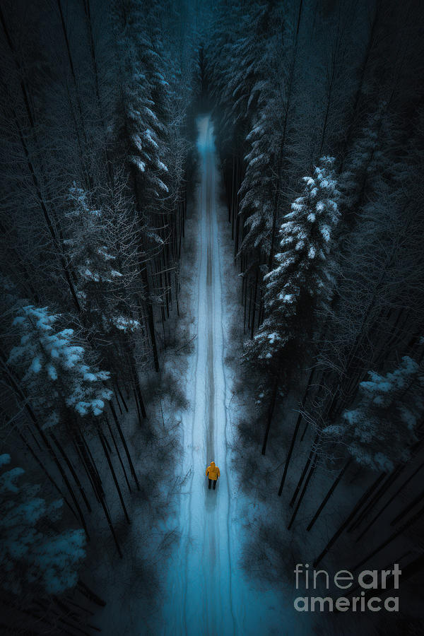 Person On An Isolated Forest Track At Night In Snow #1 Photograph by Lee Avison