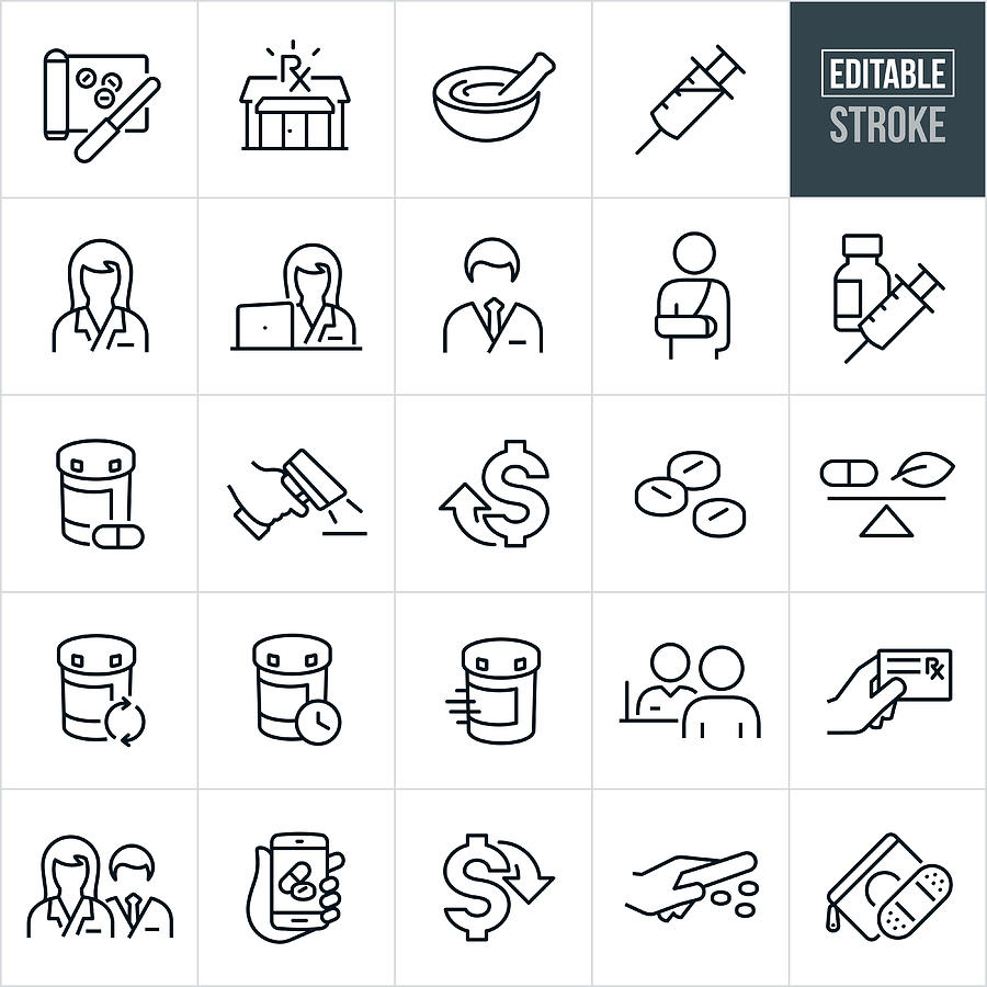 Pharmacy Thin Line Icons - Editable Stroke #1 Drawing by Appleuzr