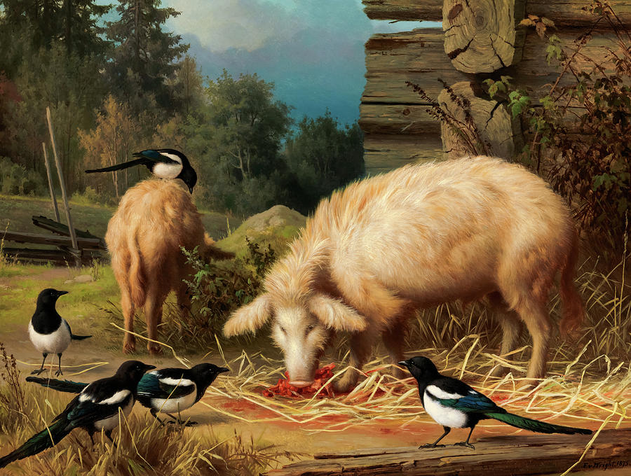 Pig Painting - Pigs and Magpies, 1875 by Ferdinand von Wright