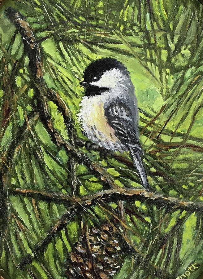 Pine Cone Chickadee #2 Painting by Kathleen McDermott