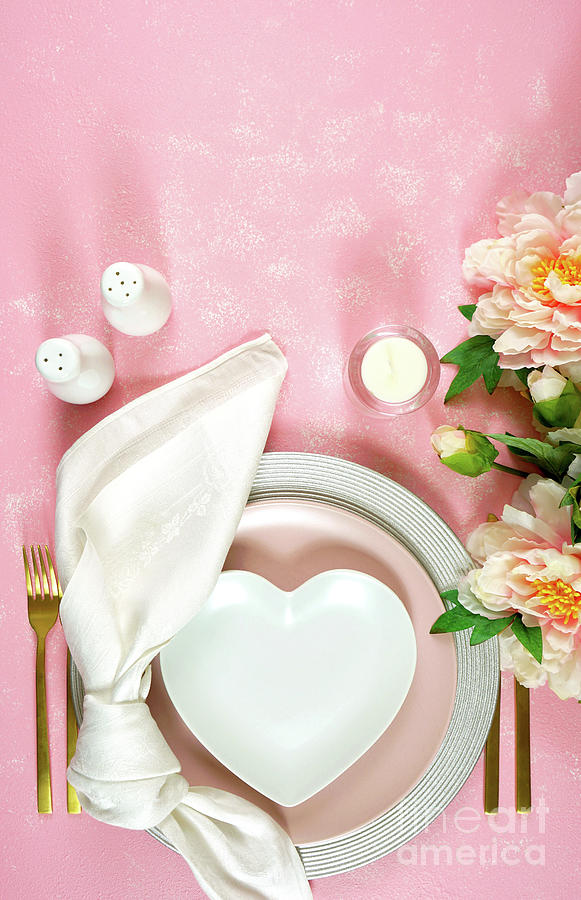 Pink aesthetic elegant fine china events table place setting flat lay. #1 Photograph by Milleflore Images