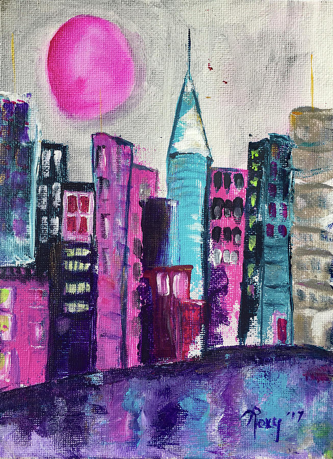Pink Moon City Painting by Roxy Rich