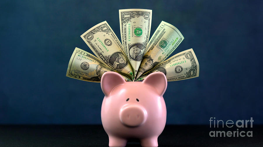 Pink Piggy bank money concept on dark blue background #1 Photograph by Milleflore Images