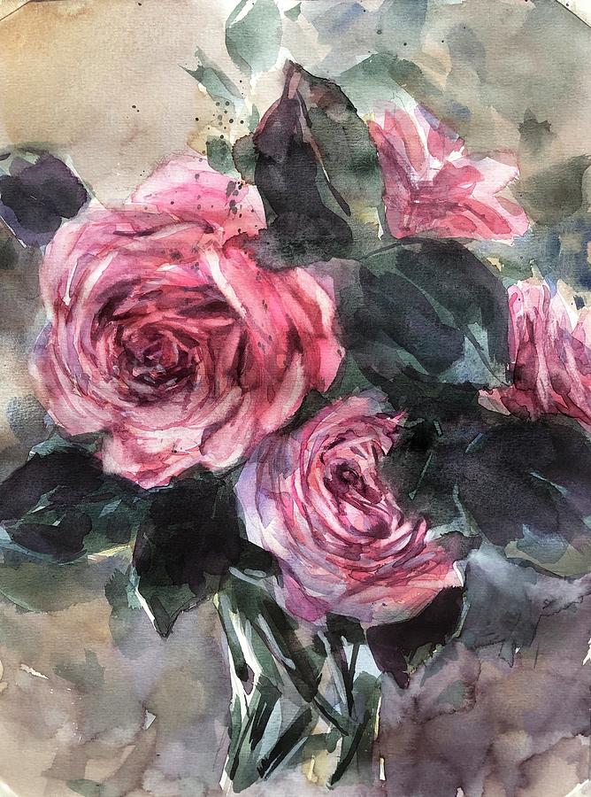 Pink roses #2 Painting by Ekaterina Mortensen