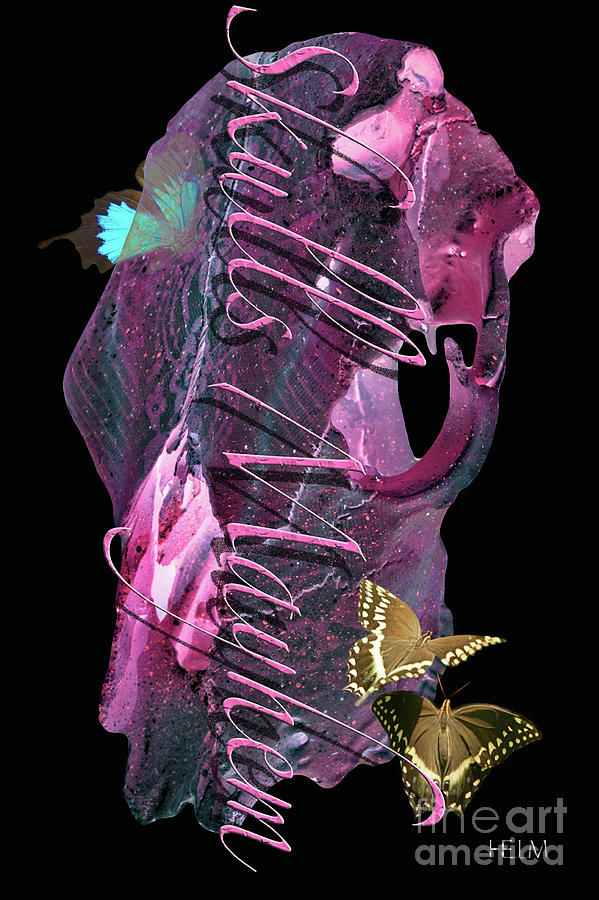 Pink Skull with butterflies #1 Mixed Media by Mayhem Mediums