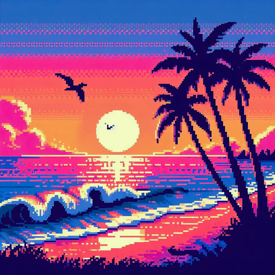 Sunset Digital Art - Pixel Art Beach sunset #1 by Yassine Essouaidi