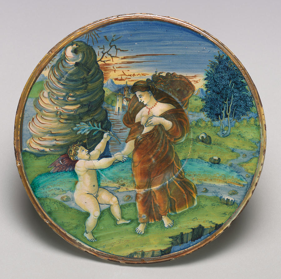 Plate with the reconciliation of Cupid and Minerva #1 Painting by Workshop of Maestro Giorgio Andreoli of Gubbio  painting  the Painter of the Three Graces