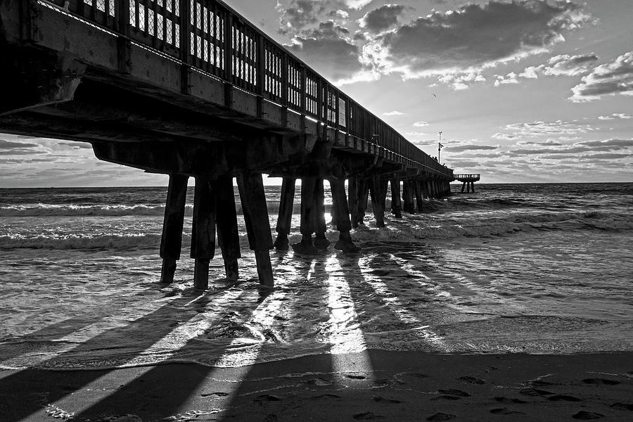 Pompano Beach Fishing Pier at Sunrise Florida Sunrays Black and White #1 Photograph by Toby McGuire