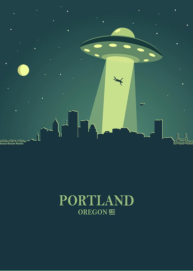Portland City Skyline Ufo Night Digital Art