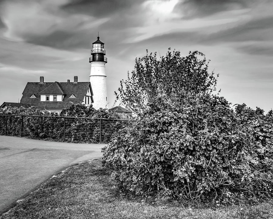 Black And White Photograph - Portland Head Light Landscape in Black and White #1 by Gregory Ballos