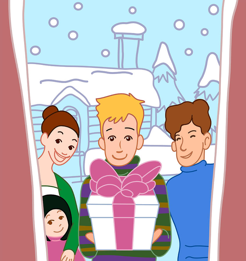 Portrait of a boy holding a gift and standing with his family at a doorstep #1 Drawing by Eastnine Inc.