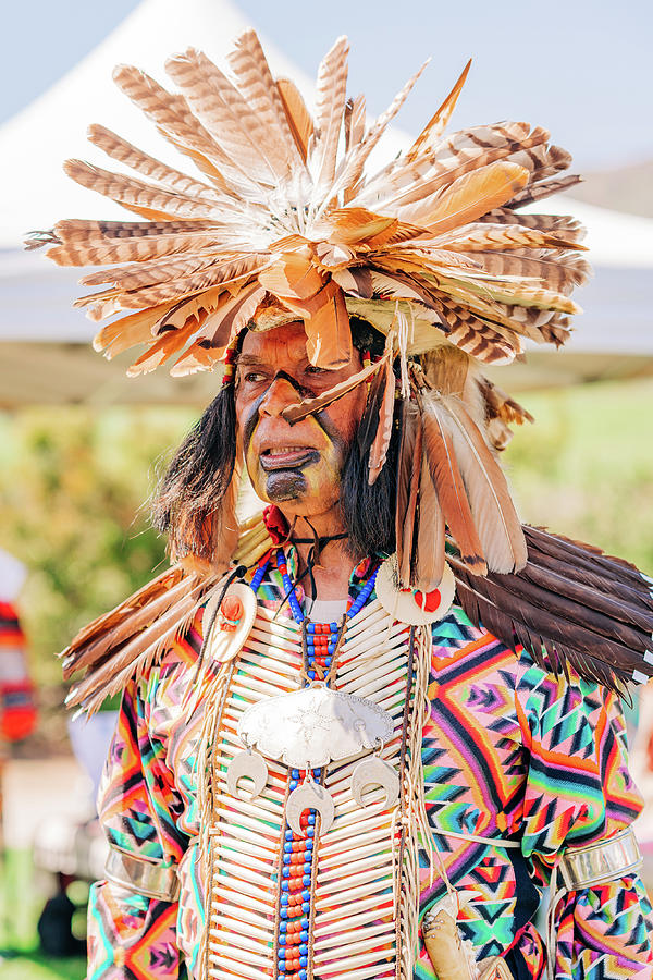 Powwow.  Portrait of Native American man in Full Regalia. Chumas #2 Photograph by Hanna Tor