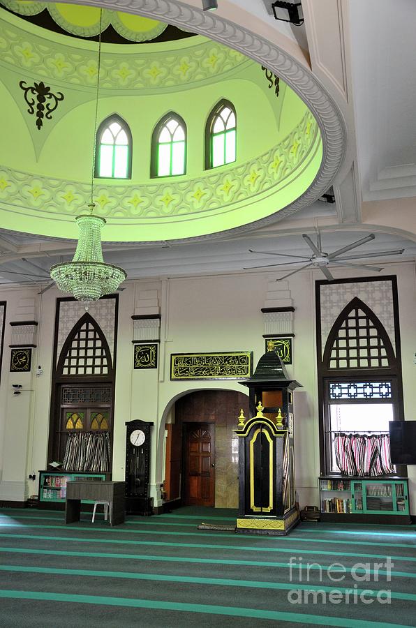 Prayer hall with circular dome minbar and minaret of Hajjah Fatima Mosque Singapore #1 Photograph by Imran Ahmed