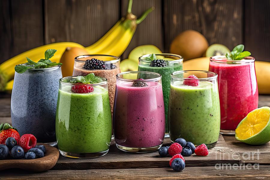 Juice Painting - premium Selection of colourful smoothies on rustic wood background #1 by N Akkash
