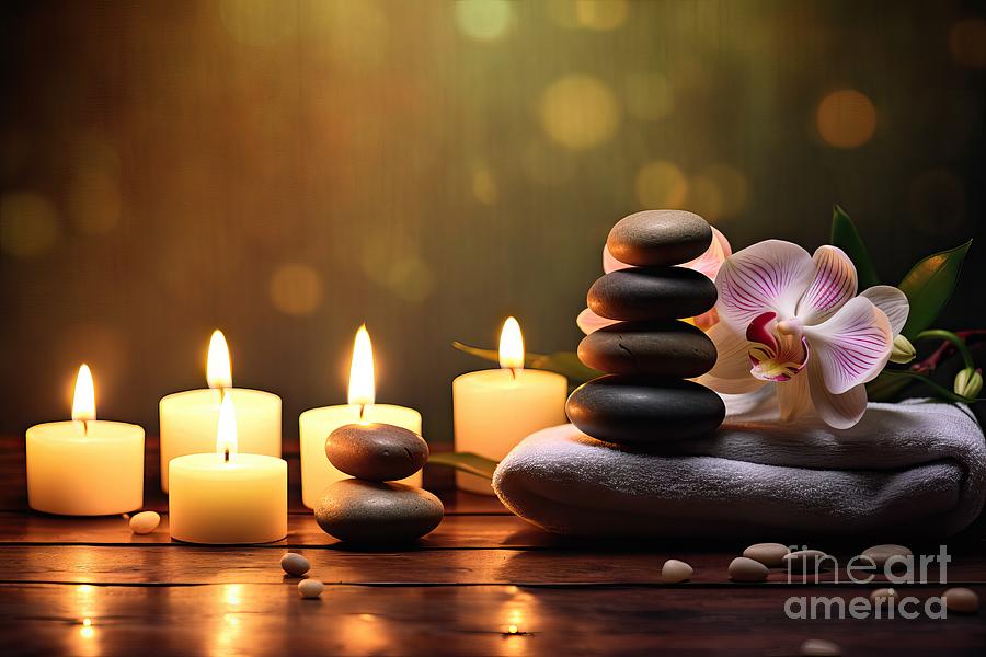 Orchid Painting - premium Spa Concept - Massage Stones With Towels And Candles In Natural Background #1 by N Akkash