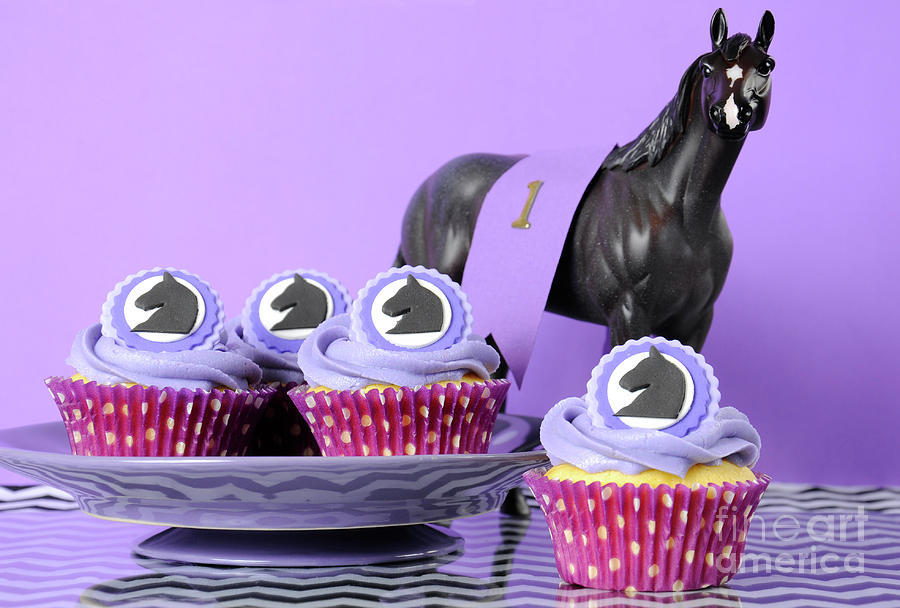 Purple, black and white theme Racing Carnival party table. #1 Photograph by Milleflore Images