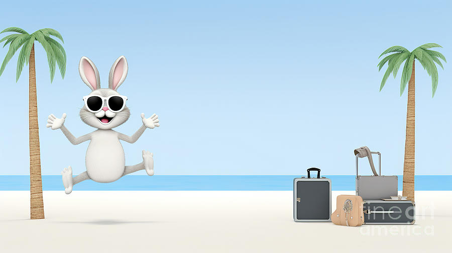  Rabbit in sunglasses arrived for vacation on the sandy beach. #1 Digital Art by Odon Czintos