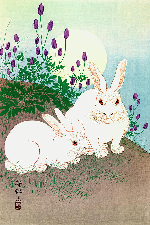 Animal Painting - Rabbits at full moon by Ohara Koson by Mango Art