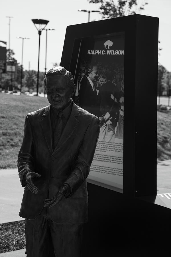 Ralph Wilson statue at Buffalo Bills Stadium in black and white #1 Photograph by Eldon McGraw