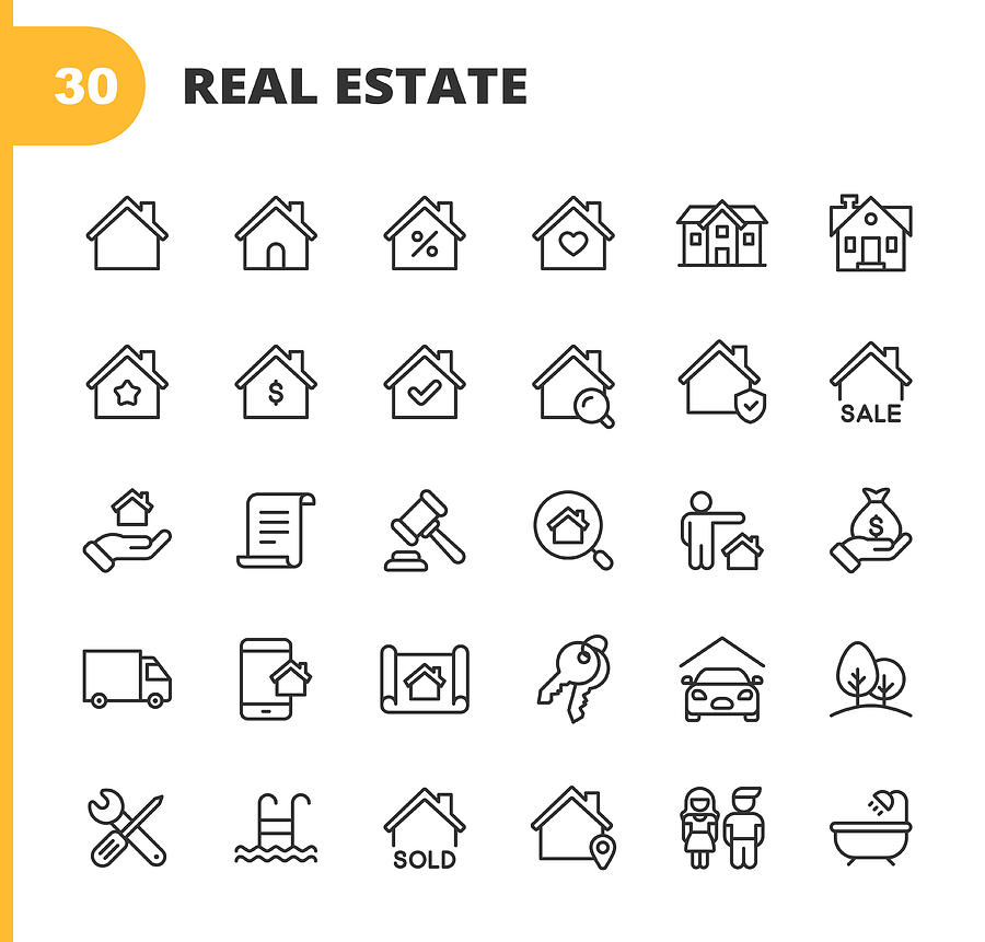Real Estate Line Icons. Editable Stroke. Pixel Perfect. For Mobile and Web. Contains such icons as Building, Family, Keys, Mortgage, Construction, Household, Moving, Renovation, Blueprint, Garage. Drawing by Rambo182