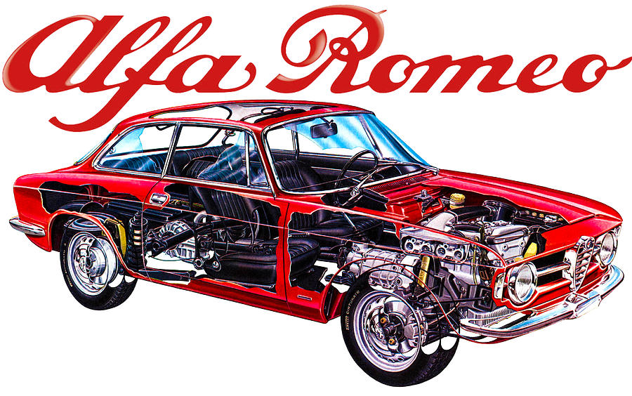 Red Alfa Romeo Giulia Gt 1300 Junior 1966 Cutaway Automotive Art