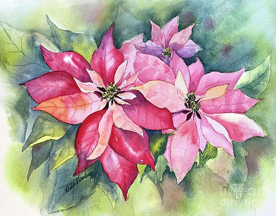 Red and Pink Poinsettias #1 Painting by Hilda Vandergriff