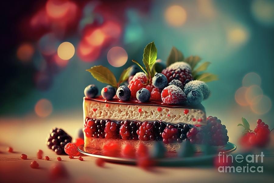 Red berries on a tasty and sweet cream cake, decorated in shades #1 Photograph by Joaquin Corbalan