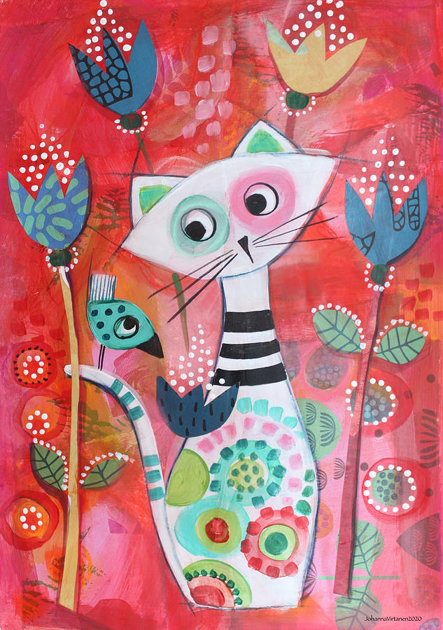 Cat in the red forest Mixed Media by Johanna Virtanen - Fine Art America